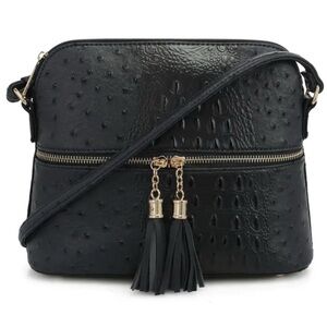 SUGU Elegant Black Alligator and Crocodile Crossbody Bag with adjustable strap